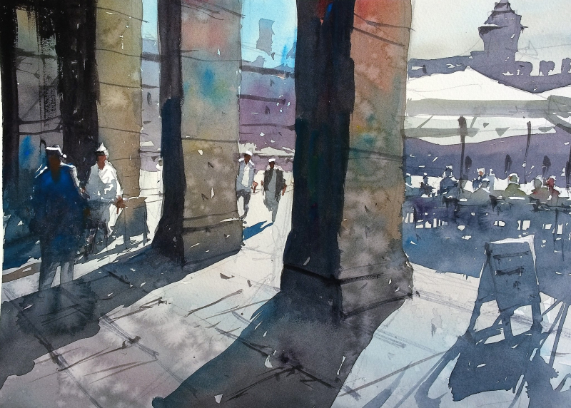 Plaza major columns and cafe madrid