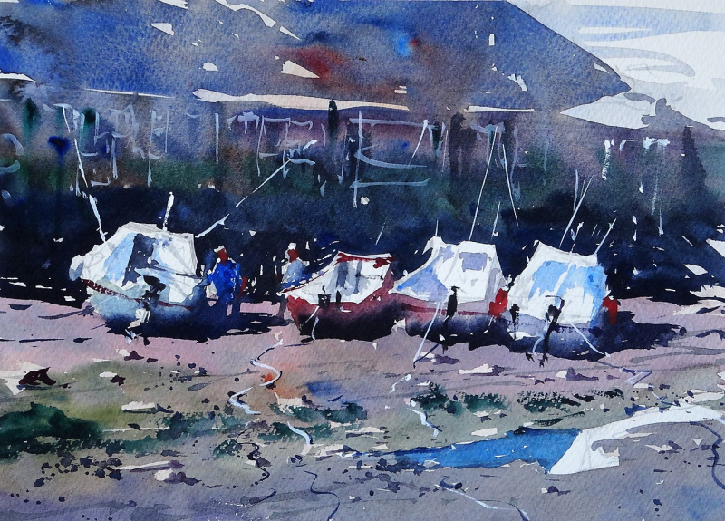 4 small boats at lowtide in harbour 4 small boats at lowtide in harbour