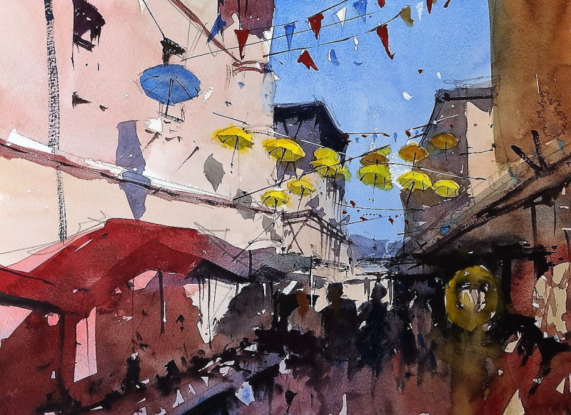 St Foy bunting and umbrellas