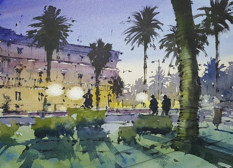 November watercolor workshop night scene demo painting by tim wilmot