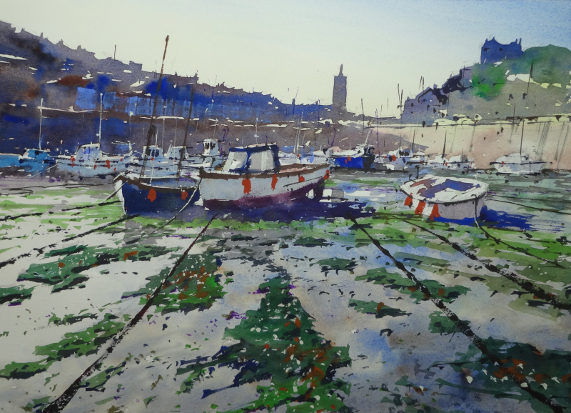 Porthleven Harbour Boats and Seaweed