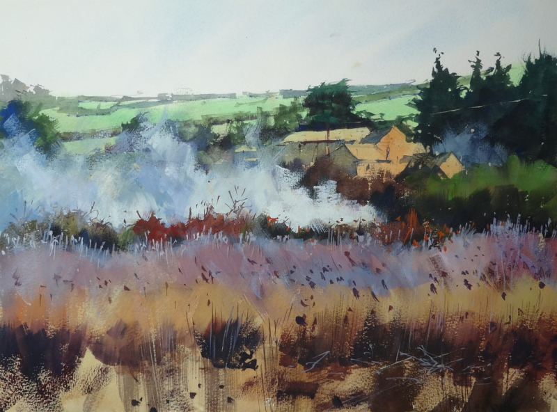 Smoke across the marsh at Thornham  Norfolk UK