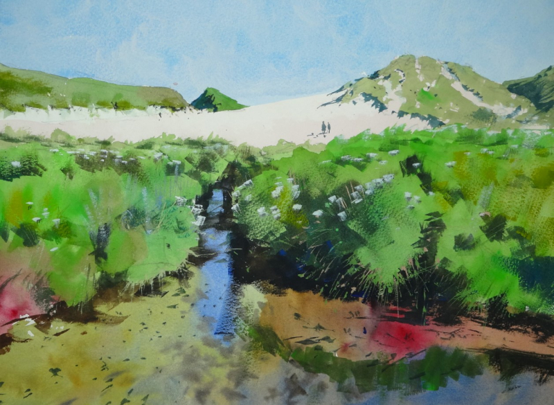 Creek and distant sand dunes  Holywell Bay  Cornwall